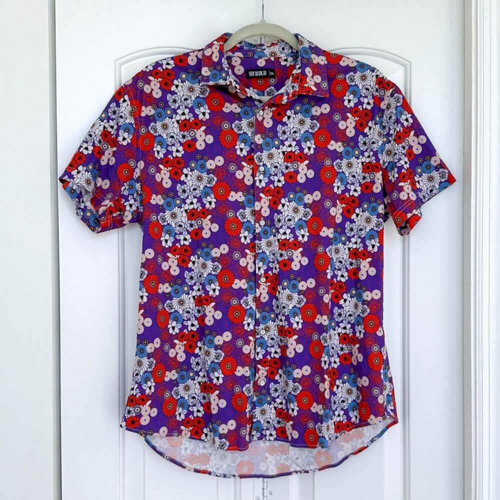 St33le Knit Button Up Shirt Mens 2XL SLIM FIT Floral Purple
